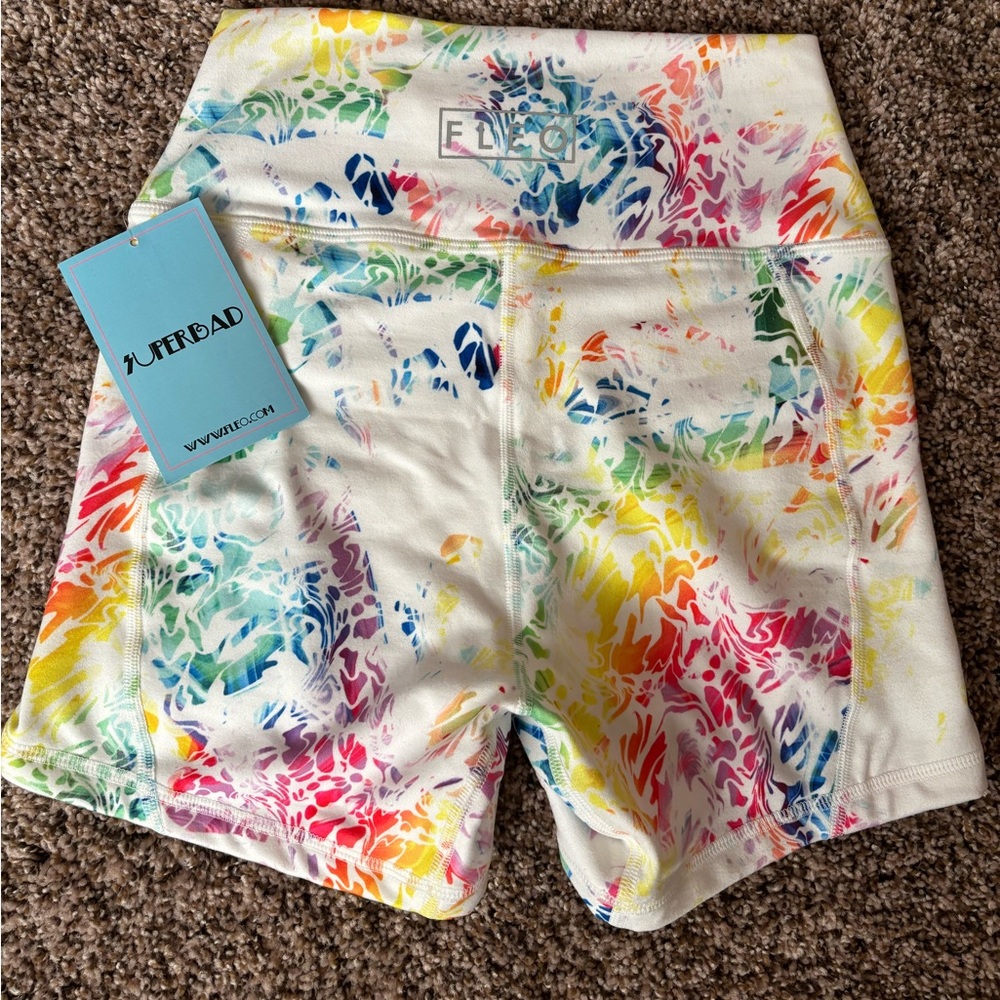 Fleo White Rainbow Splash High-Rise Athletic Shorts